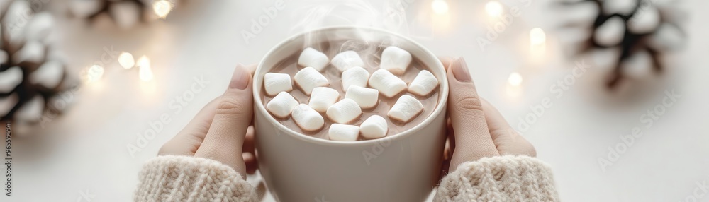 A person holding a steaming cup of hot chocolate with marshmallows in a cozy winter setting A person holding a steaming cup of hot chocolate with marshmallows in a cozy winter setting