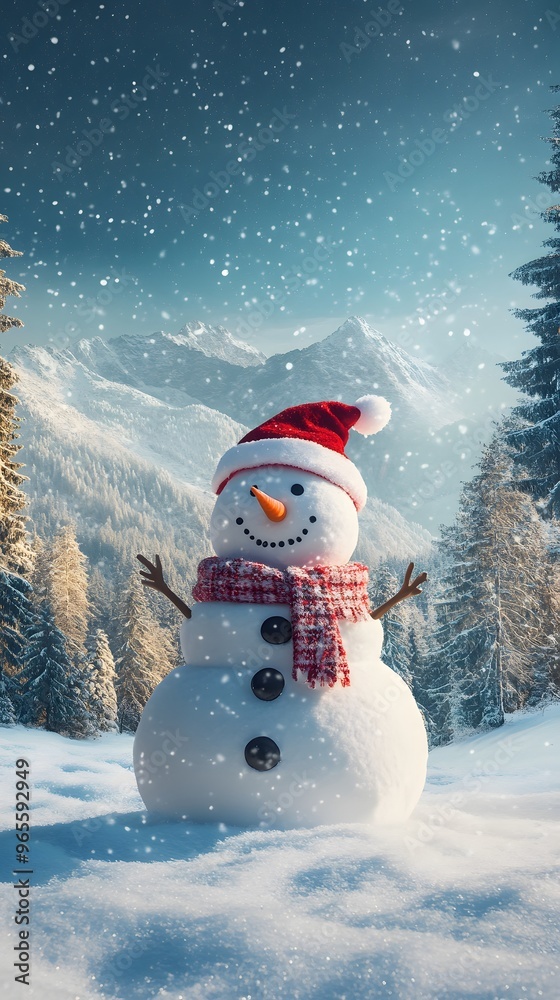 Obraz premium Snowman in a Winter Wonderland with Snowy Mountains