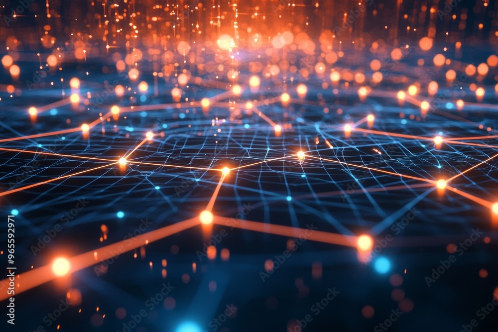 Obraz premium A futuristic orange-and-blue digital grid with glowing lines and nodes.