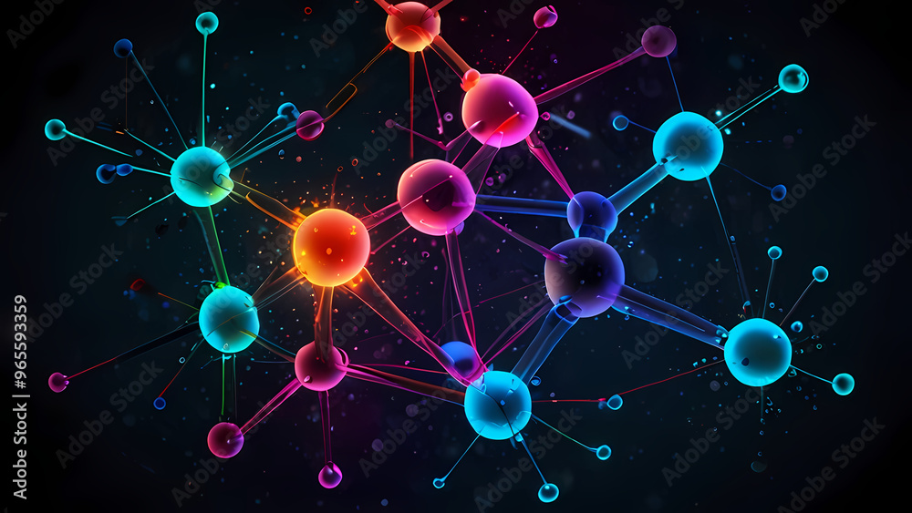 abstract background of interconnected molecules in vibrant, neon colors, with particles floating in a dark space abstract background of interconnected molecules in vibrant, neon colors, with particles floating in a dark space