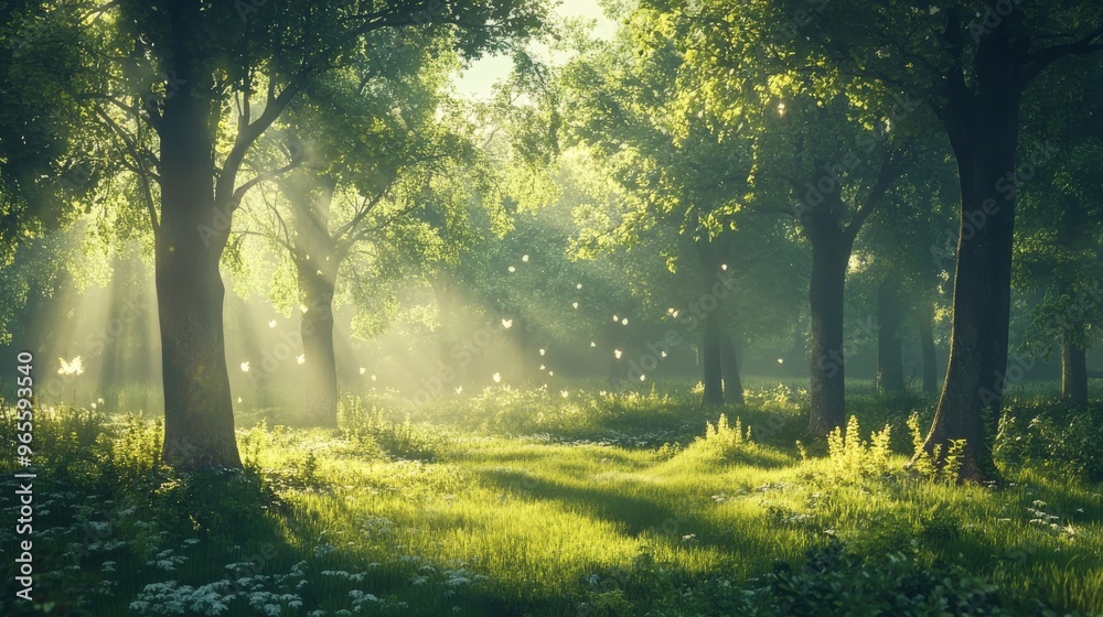 Obraz premium Sunbeams through Forest Trees.