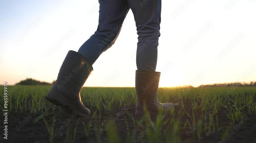 agriculture. agriculture business a farm wheat concept. Farmers feet in boots walk through a field with green sprouts of wheat at sunset. soy farm concept. farmers lifestyle studying the harvest agriculture. agriculture business a farm wheat concept. Farmers feet in boots walk through a field with green sprouts of wheat at sunset. soy farm concept. farmers lifestyle studying the harvest