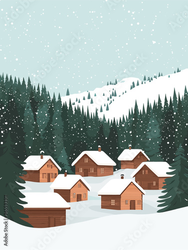 Snowy Mountain Village with Wooden Chalets and Pine Trees, Alpe village - Vector Illustration