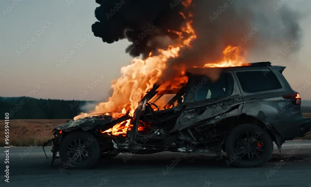burning broken down car with massive fire and smoke. 
