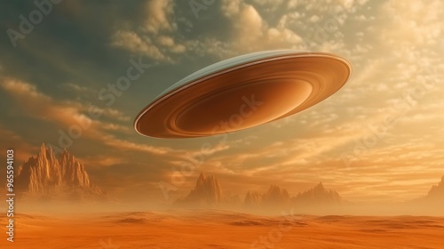 A saturnian spacecraft flying over a desert landscape, AI photo