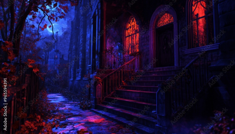 Haunted Night Digital Illustration of a Spooky House with Glowing Windows and Fog Haunted Night Digital Illustration of a Spooky House with Glowing Windows and Fog