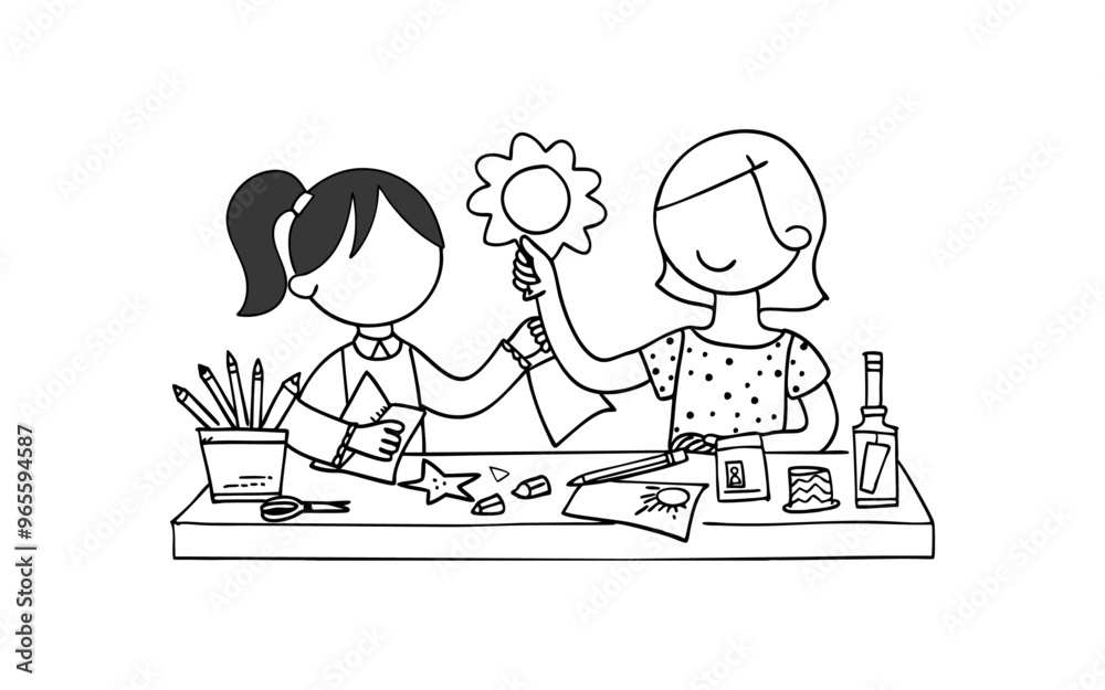 Two girls sitting at a table, one holding a paper flower, the other holding a star. They are creating crafts together. Two girls sitting at a table, one holding a paper flower, the other holding a star. They are creating crafts together.