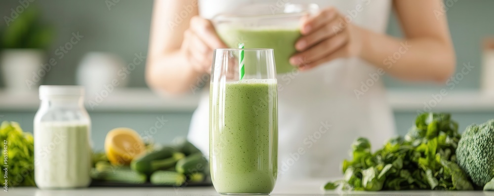 A woman preparing a healthy smoothie in a kitchen filled with fresh produce A woman preparing a healthy smoothie in a kitchen filled with fresh produce