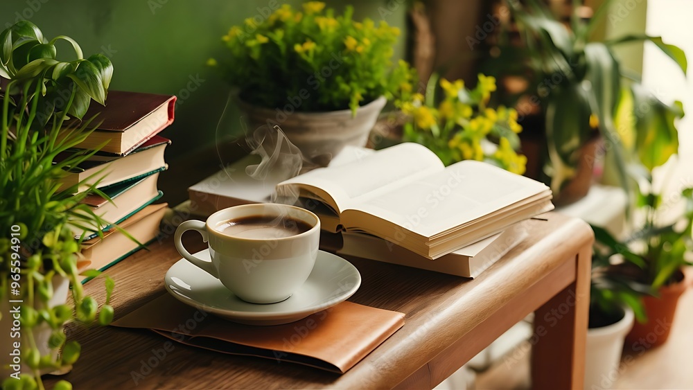 Plants in flowerpots and cup of coffee on books on green background Plants in flowerpots and cup of coffee on books on green background
