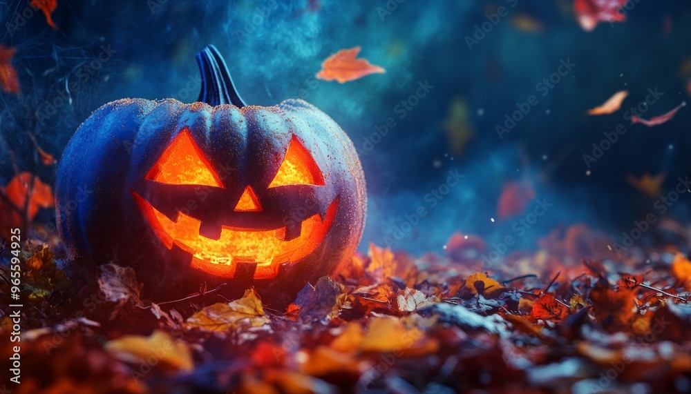 Naklejka premium Spooky Halloween Scene with Pumpkin Lantern and Decorated Porch