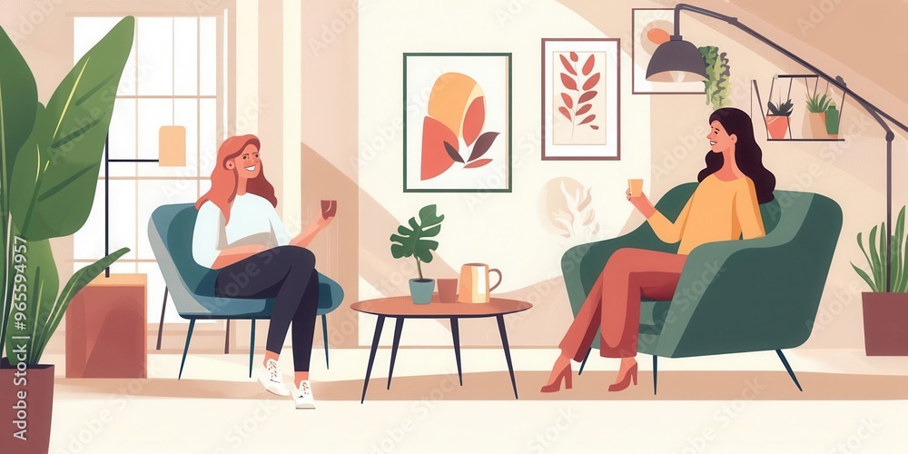 A woman chatting with a friend over coffee, sitting in a welcoming living room A woman chatting with a friend over coffee, sitting in a welcoming living room
