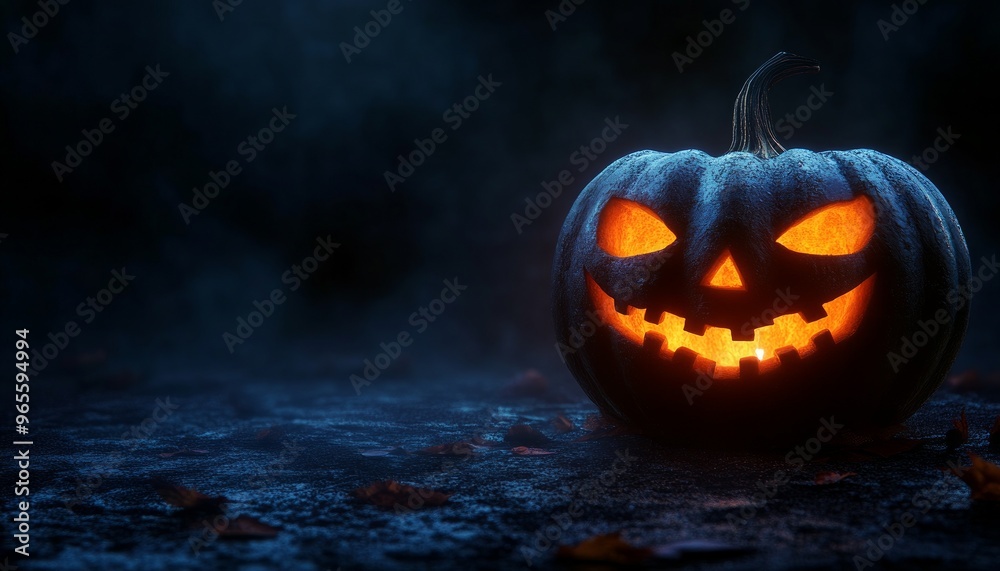 Spooky Jack-o'-Lantern with Dark Glowing Lights in Haunted Forest Setting Spooky Jack-o'-Lantern with Dark Glowing Lights in Haunted Forest Setting