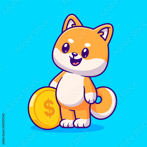 Cute Shiba Inu Dog With Gold Coin Cartoon Vector Icon 
Illustration. Animal Finance Icon Concept Isolated Premium 
Vector. Flat Cartoon Style