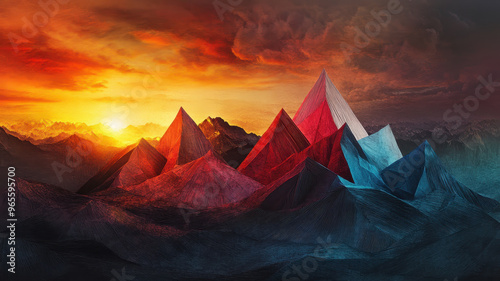 Majestic abstract landscape featuring mountains made of folded shapes, illuminated by vibrant sunset. colors blend beautifully, creating stunning visual experience photo