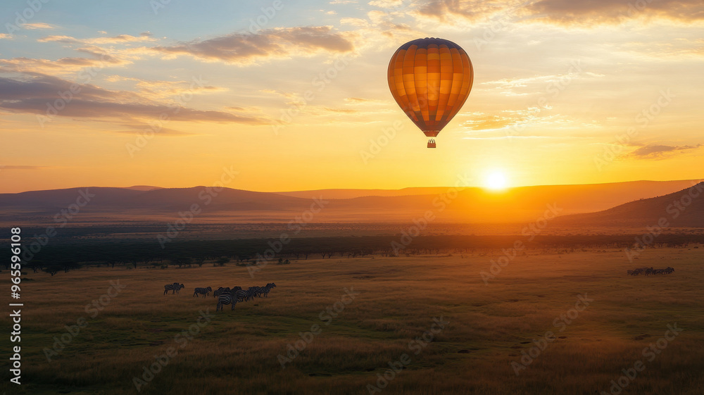 Obraz premium A breathtaking hot air balloon floats gracefully over vast savanna at sunset, casting warm glow on landscape. scene captures essence of adventure and tranquility