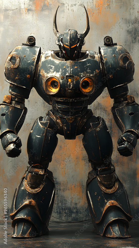 Naklejka premium In the Japanese tokusatsu style of the Showa period, present the image of a huge robot