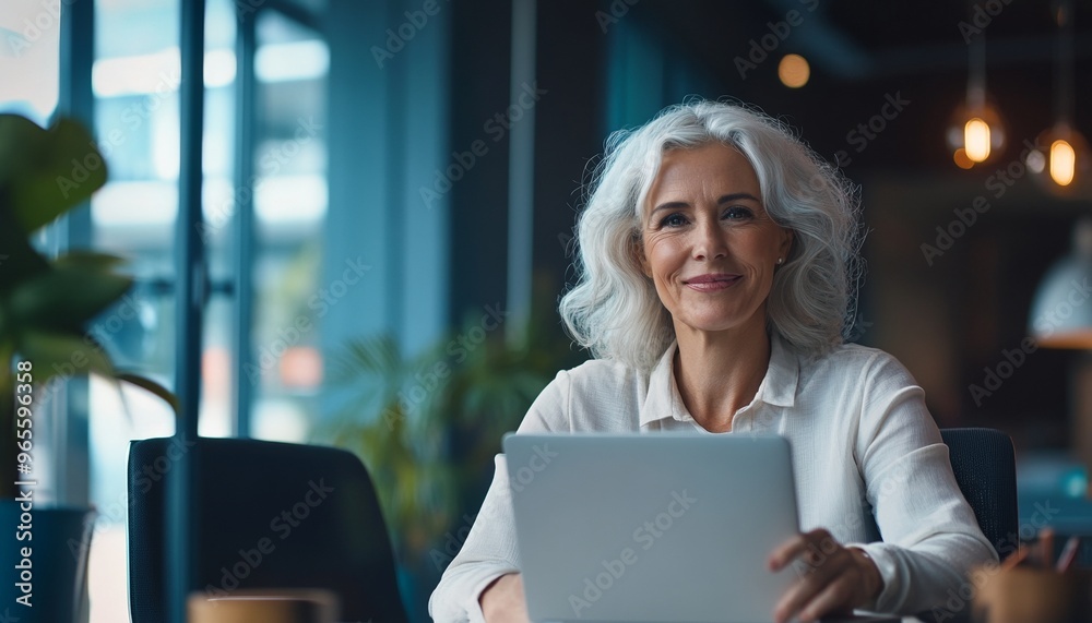 Happy Busy Mature Business Woman Working on Laptop in Office Happy Busy Mature Business Woman Working on Laptop in Office