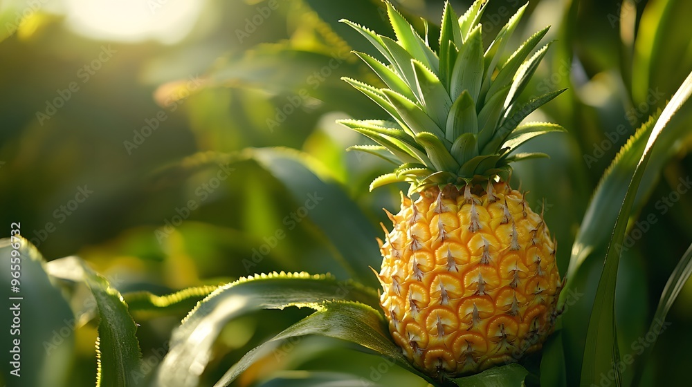 Close-up of a pineapple growing on a tree, bright yellow and green with spiky texture, sunlight illuminating the intricate patterns on the skin, detailed leaves and surrounding environment, lively Close-up of a pineapple growing on a tree, bright yellow and green with spiky texture, sunlight illuminating the intricate patterns on the skin, detailed leaves and surrounding environment, lively