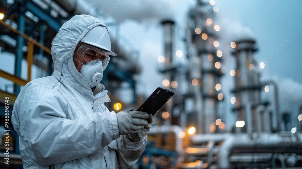 Scientist in Protective Gear Measuring Carbon Dioxide Levels Amidst an Industrial Landscape with Rising Emissions and Challenges. Scientist in Protective Gear Measuring Carbon Dioxide Levels Amidst an Industrial Landscape with Rising Emissions and Challenges.