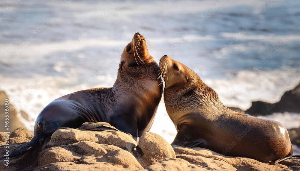 Fototapeta premium Tender sea lion couple basking on a rocky shore