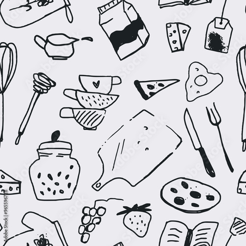 Food and cooking. Seamless pattern of outline cooking utensils. Template for Notebook covers, pattern for wallpapers, textile, wrapping paper. Doodle vector illustration. Childish naive art style
