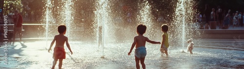 Children playing in fountain, enjoying water splashes and sunlight. Their laughter fills air as they run around, creating joyful memories on warm day photo