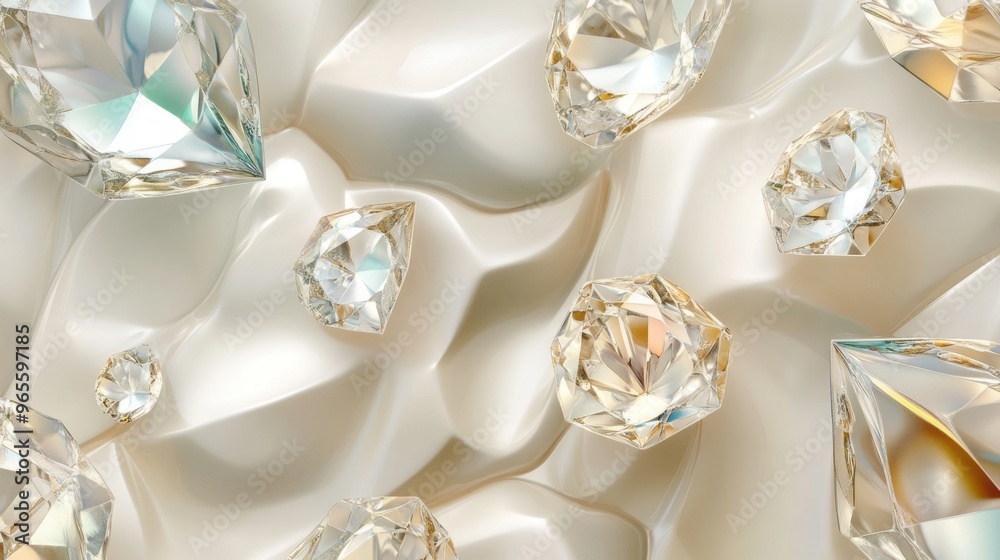 Glowing Gemstones: 3D Elegant Whimsical Patterns on Ivory Background with Metallic Accents