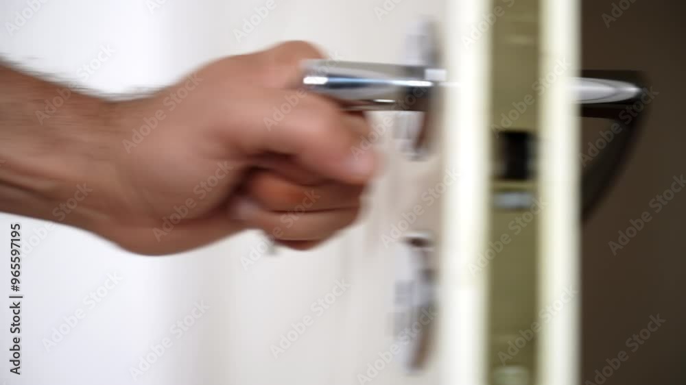 Close-up of a door handle as a man’s hand enters the frame, opening the door and then gently closing it. Close-up of a door handle as a man’s hand enters the frame, opening the door and then gently closing it.