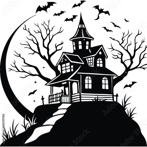 A simple, black silhouette of a haunted house with jagged edges
