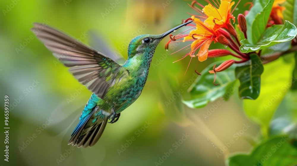 Fototapeta premium A Brightly Colored Hummingbird Delicately Harvesting Nectar from a Tropical Flower in a Lush Green Environment