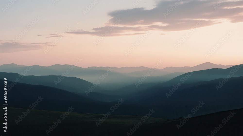 A serene cinematic landscape shot at dusk, showcasing rolling hills and mountains under soft pastel sky. tranquil atmosphere evokes sense of peace and wonder A serene cinematic landscape shot at dusk, showcasing rolling hills and mountains under soft pastel sky. tranquil atmosphere evokes sense of peace and wonder
