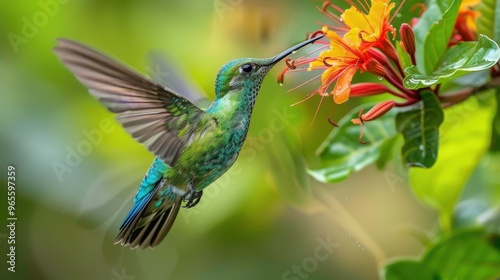 A Brightly Colored Hummingbird Delicately Harvesting Nectar from a Tropical Flower in a Lush Green Environment