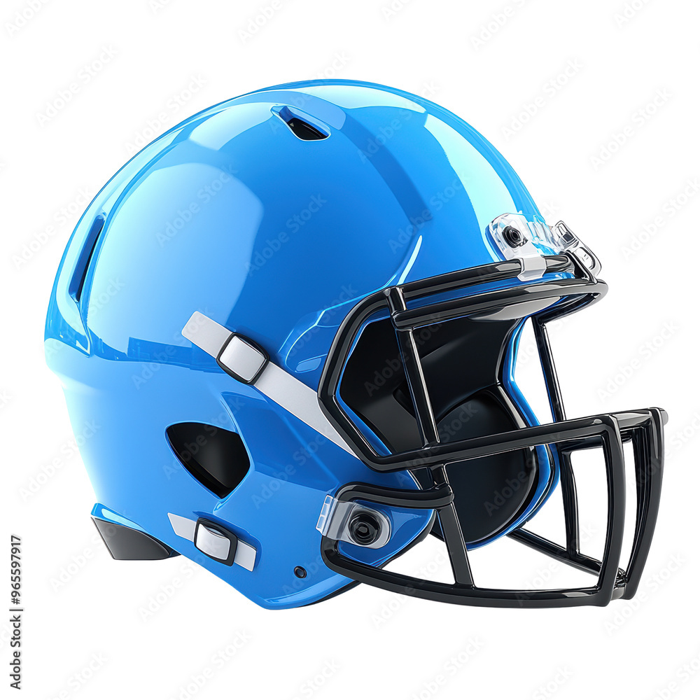 Fototapeta premium A shiny blue football helmet with a black facemask, featuring ventilation holes and camera mounts, designed for protection and performance in American football.