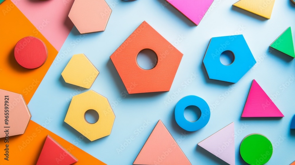 Colorful Geometric Shapes on Blue Background.