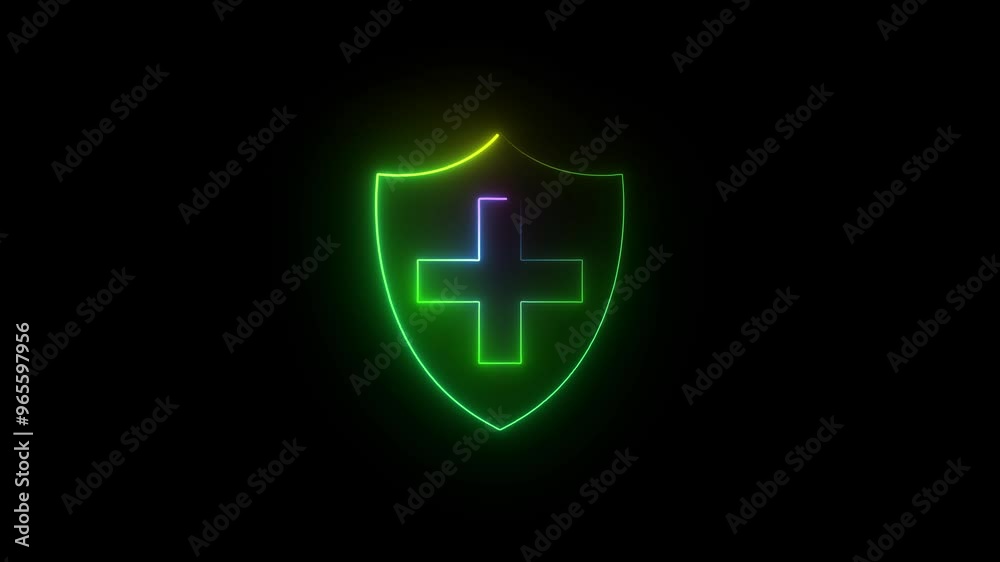 Shield and medical sign icon animation with glowing sign on black. Shield and medical sign icon animation with glowing sign on black.
