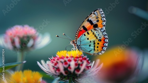 A Vibrant Butterfly Dancing Among Blossoms in a Kaleidoscope of Nature's Colors, Celebrating the Beauty of Springtime Pollination. photo