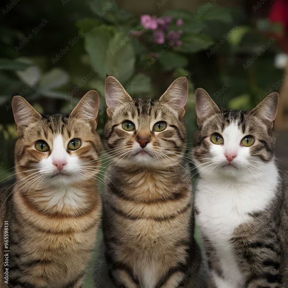 three cats are standing together one has a pink nose who are looking curiously three cats are standing together one has a pink nose who are looking curiously
