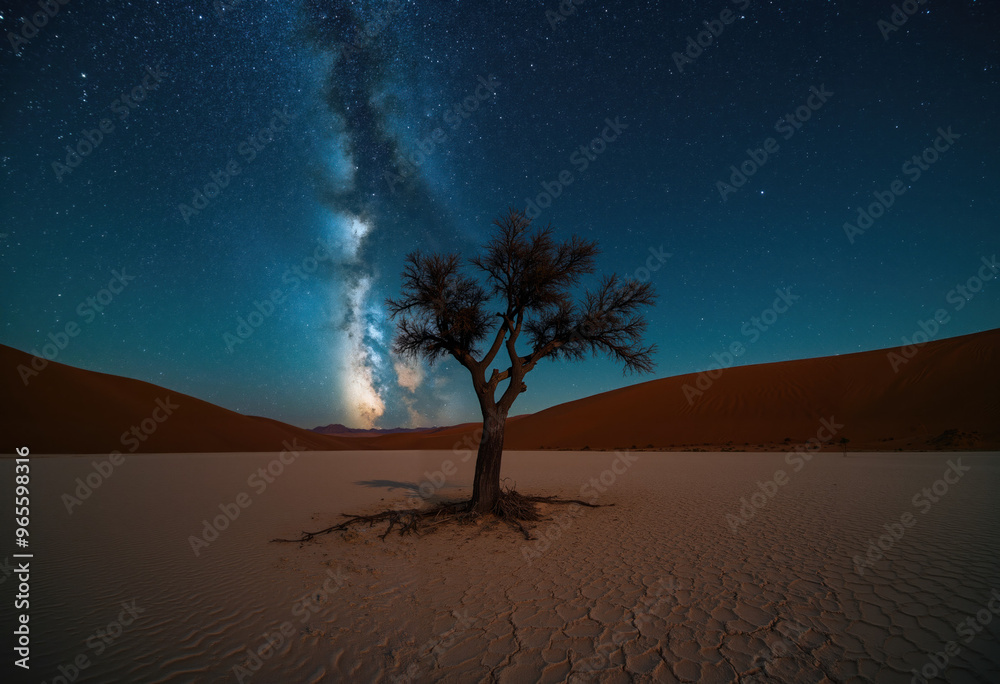 Majestic Lone Tree in Arid Desert Under Stunning Starry Sky with Visible Milky Way and Cracked Dry Earth at Night - Captivating Nature and Landscape Photography Majestic Lone Tree in Arid Desert Under Stunning Starry Sky with Visible Milky Way and Cracked Dry Earth at Night - Captivating Nature and Landscape Photography