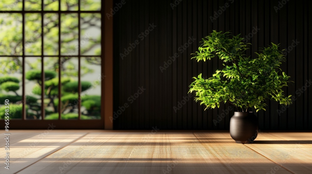 A serene Japanese-style room with tatami mats and a green plant in a black vase by the window, overlooking a zen garden. A serene Japanese-style room with tatami mats and a green plant in a black vase by the window, overlooking a zen garden.