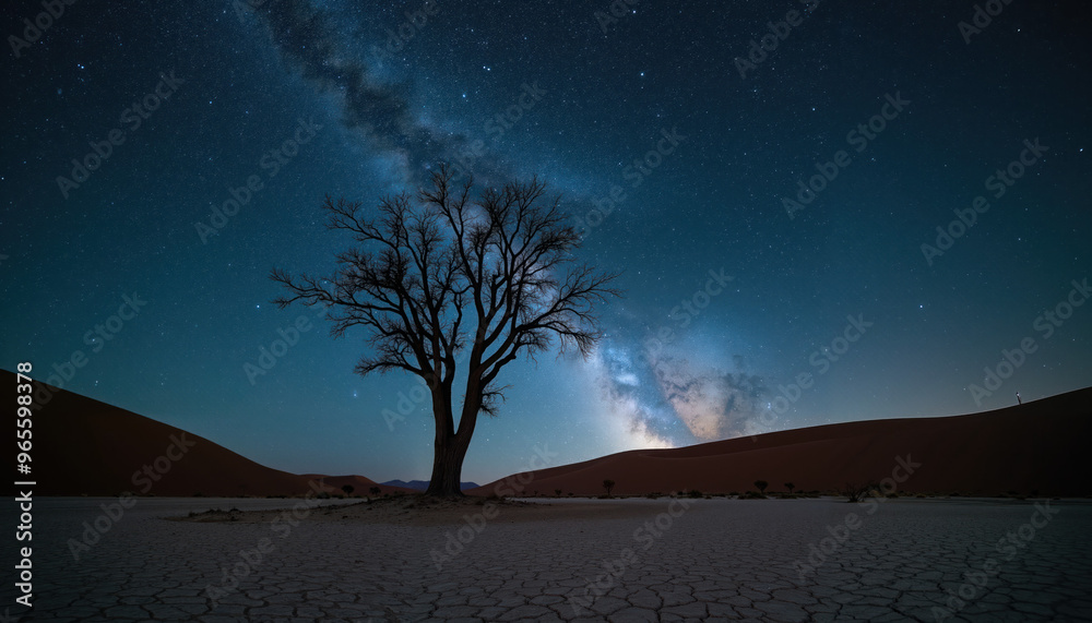 Majestic Lone Tree in Arid Desert Under Stunning Starry Sky with Visible Milky Way and Cracked Dry Earth at Night - Captivating Nature and Landscape Photography Majestic Lone Tree in Arid Desert Under Stunning Starry Sky with Visible Milky Way and Cracked Dry Earth at Night - Captivating Nature and Landscape Photography