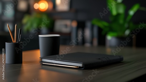 A modern workspace with a laptop, mug, and pencils on a wooden desk, surrounded by greenery and soft ambient lighting.