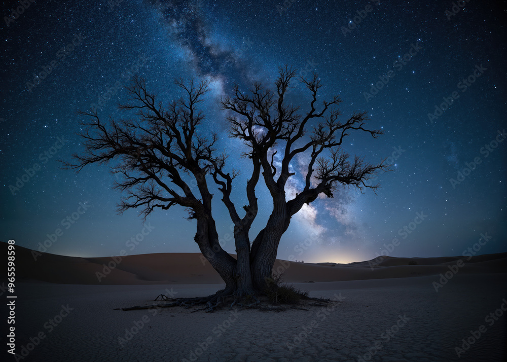 Majestic Lone Tree in Arid Desert Under Stunning Starry Sky with Visible Milky Way and Cracked Dry Earth at Night - Captivating Nature and Landscape Photography Majestic Lone Tree in Arid Desert Under Stunning Starry Sky with Visible Milky Way and Cracked Dry Earth at Night - Captivating Nature and Landscape Photography