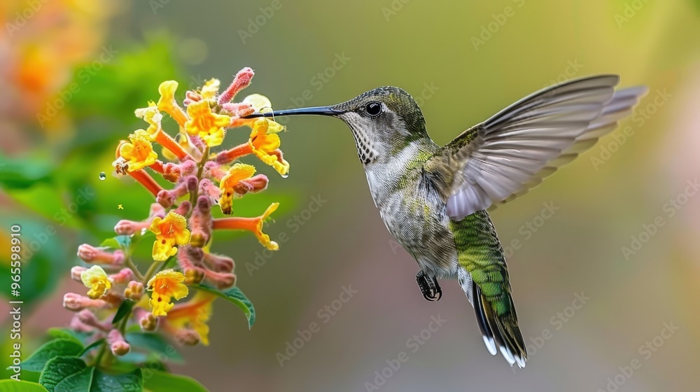 Fototapeta premium Witness the delicate beauty of a hummingbird as it expertly feeds on vibrant nectar-rich flowers in a lush, serene garden setting.