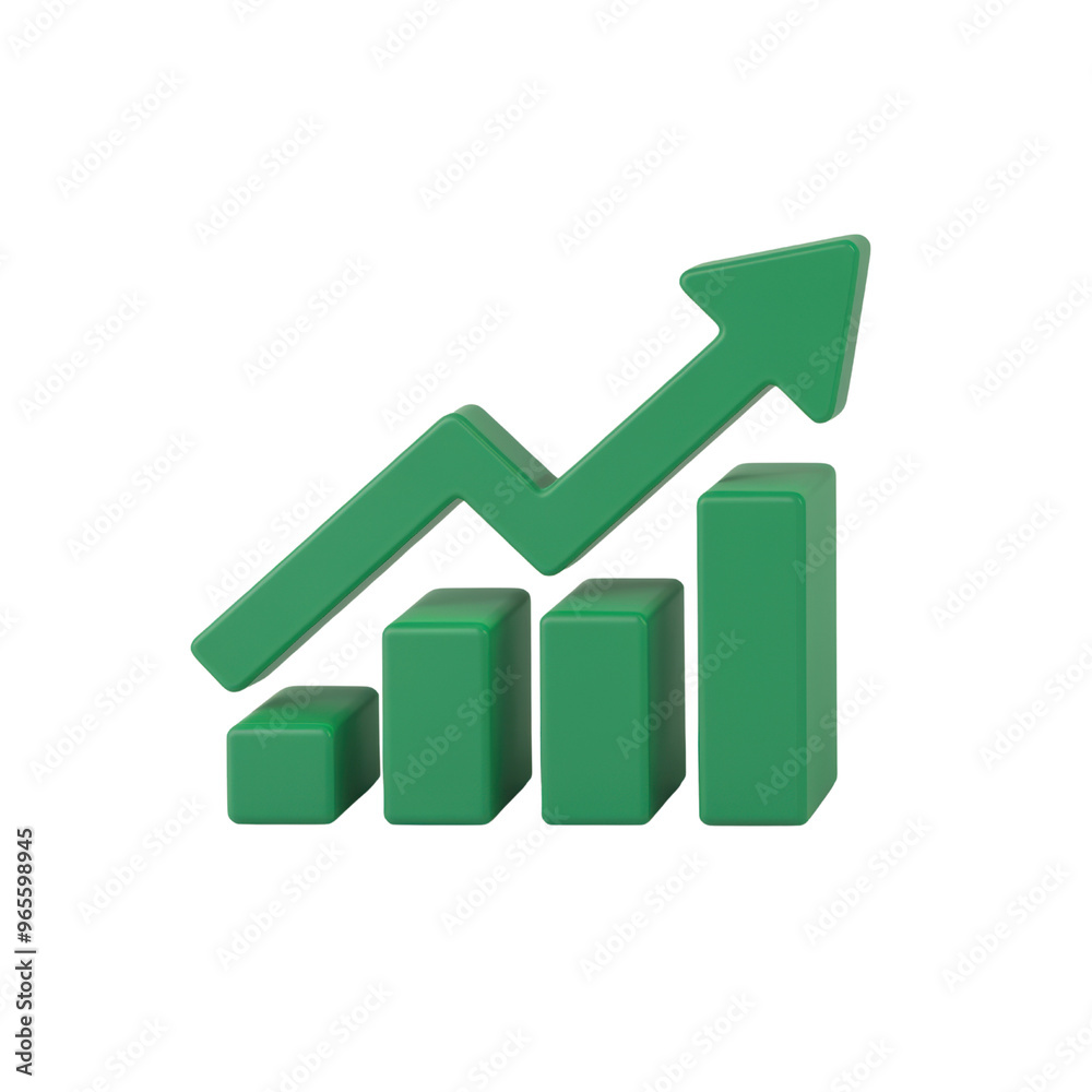 A stylized green graph depicting an upward trend with three vertical bars and a diagonal arrow, symbolizing growth and progress in data or finances