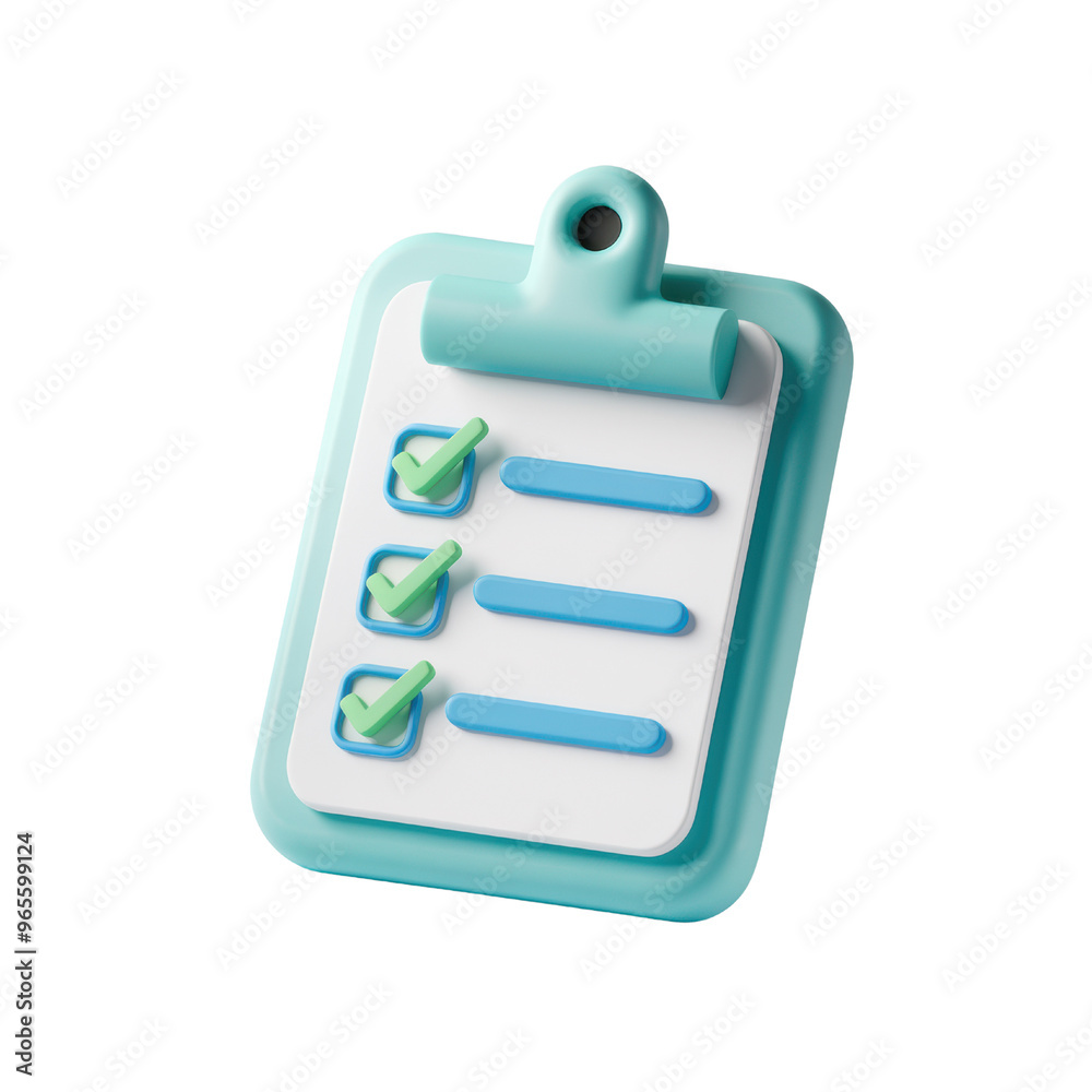 A 3D illustration of a clipboard featuring checkboxes and checkmarks, representing task completion and organized planning A 3D illustration of a clipboard featuring checkboxes and checkmarks, representing task completion and organized planning