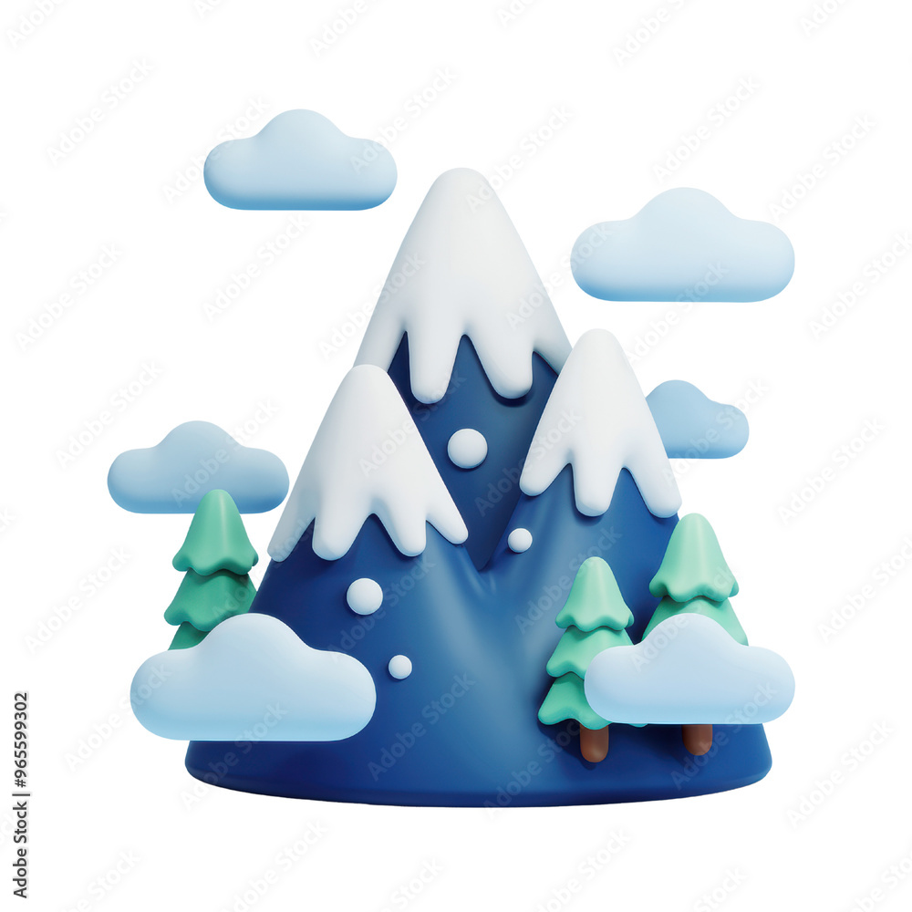 A stylized mountain with snow-capped peaks, surrounded by clouds and evergreen trees, presented in a vibrant, cartoonish design A stylized mountain with snow-capped peaks, surrounded by clouds and evergreen trees, presented in a vibrant, cartoonish design