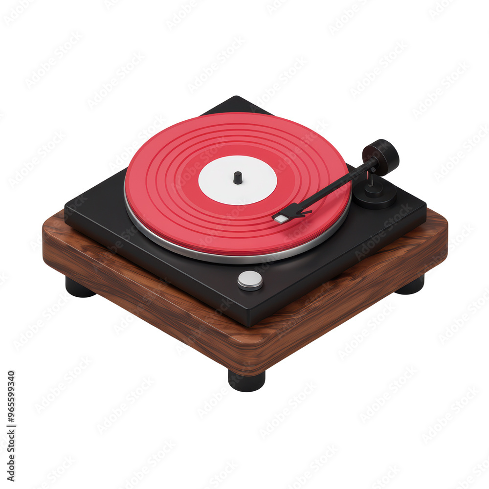 Fototapeta premium A vibrant red vinyl record on a classic turntable with a wooden base, showcasing a stylish and retro music experience