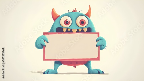 2D cute monster holding up a blank signcolorful cartoon photo