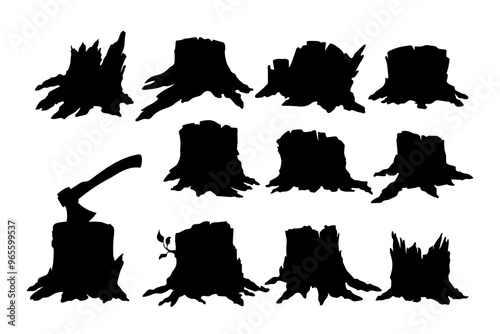 Black tree stump silhouettes. Isolated stub drawing. Broken trunk in forest scene. Wooden root shape arts. Destruction wood landscape