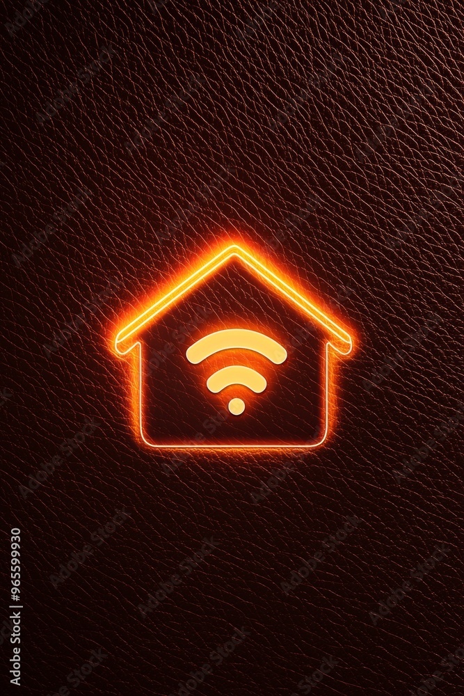 Fototapeta premium A maroon leather background with a soft glow behind a home icon with a WiFi symbol, symbolizing smart living in luxury.